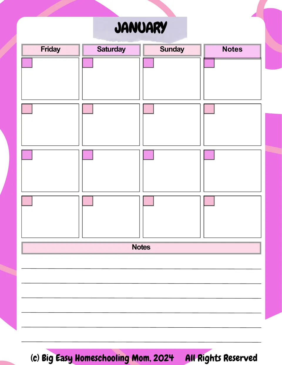 January calendar, second of two pages, provides undated entries for Friday through Sunday and space for notes
