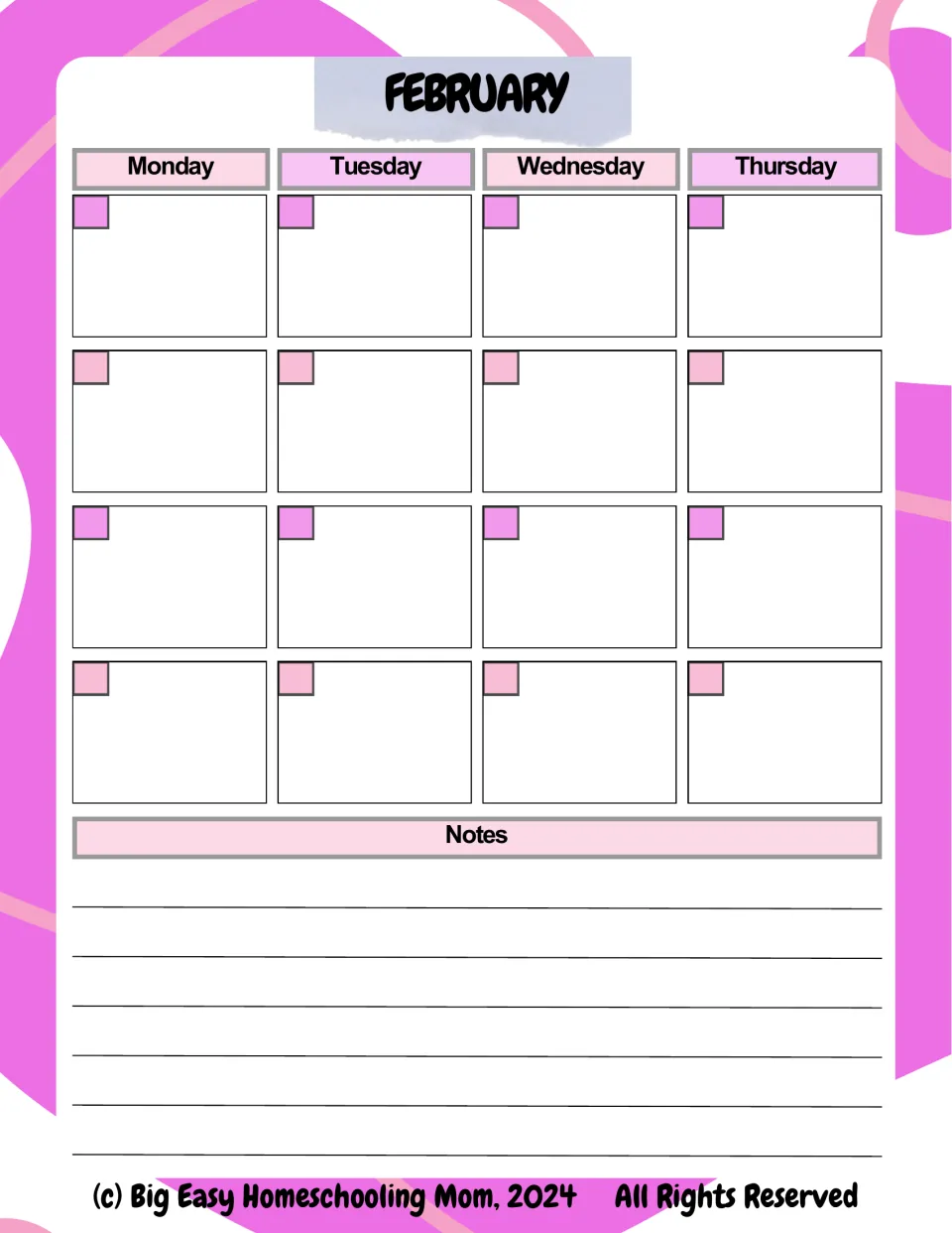 February calendar, first of two pages, provides undated entries for Monday through Thursday and a notes section
