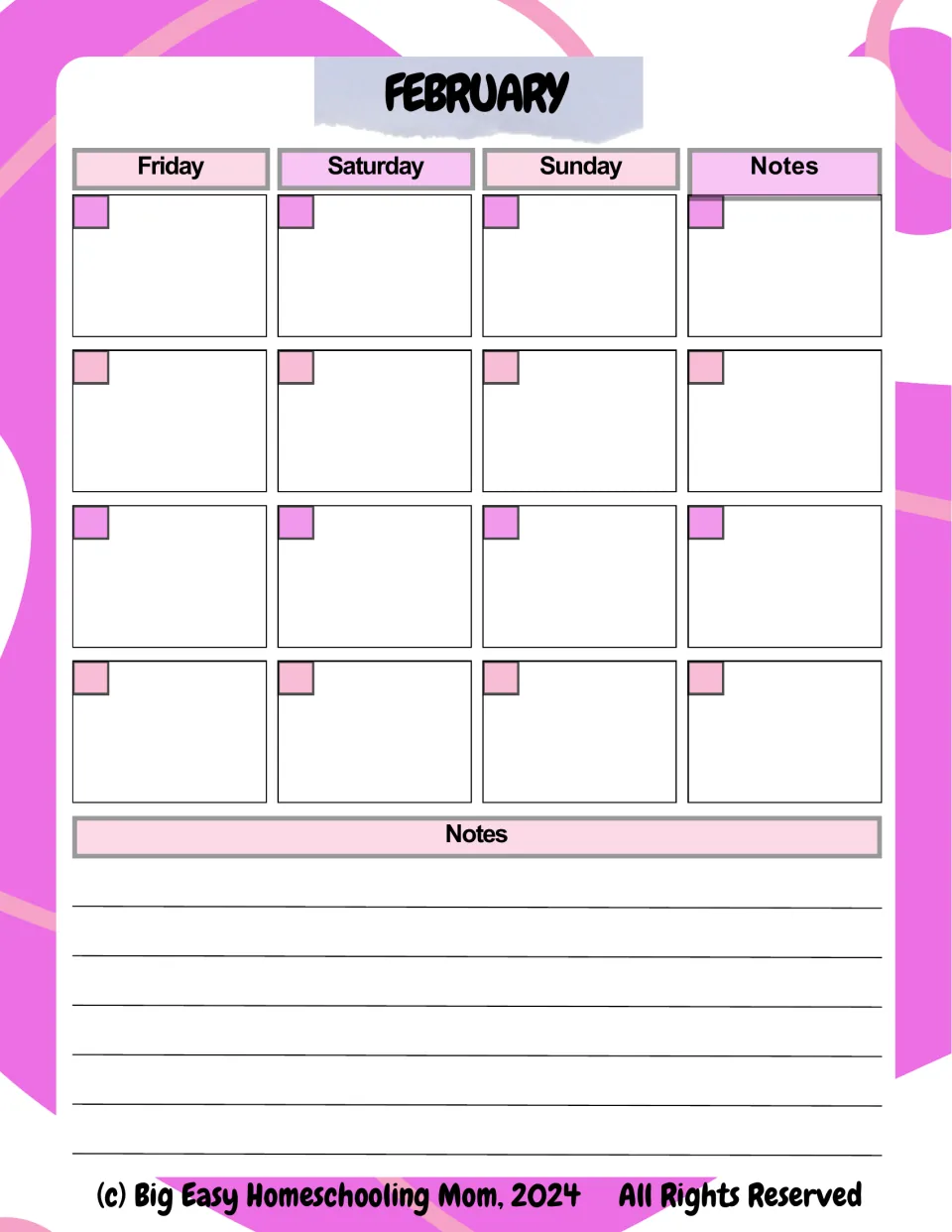 February calendar, second of two pages, provides undated entries for Friday through Sunday and space for notes