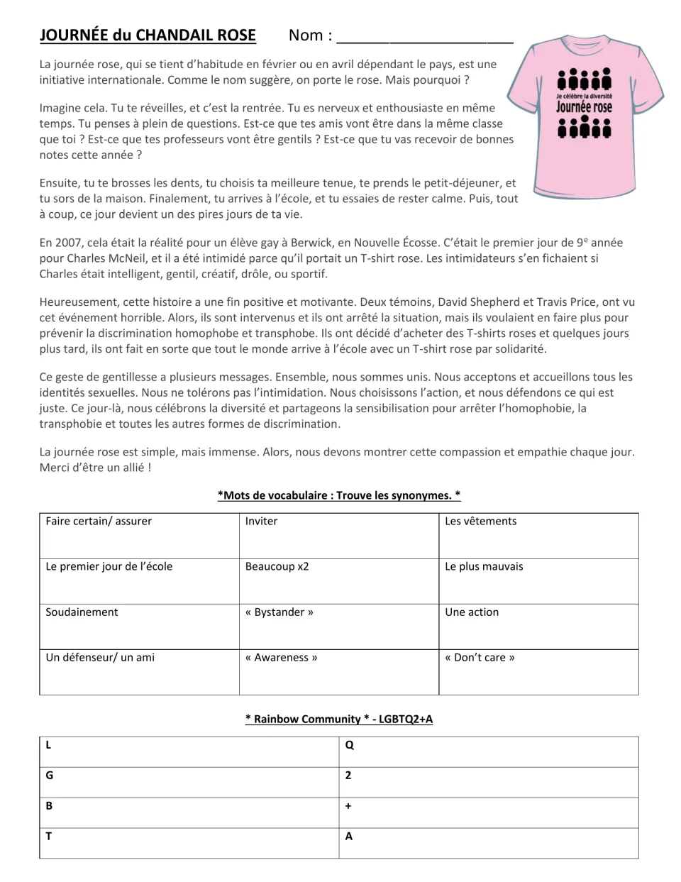 French reading about Charles McNeil and Pink Shirt Day, then 12 synonym clues and an LGBTQ2+A acronym chart