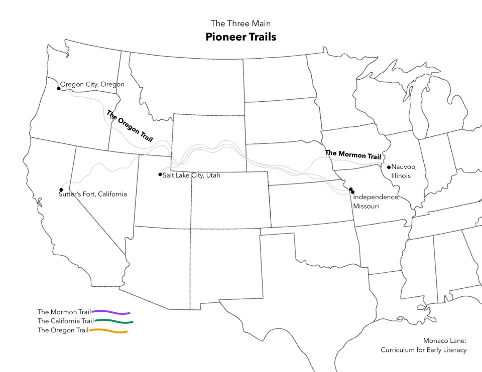 Pioneer trails tracing map: students trace the faint Oregon, California and Mormon trail routes using the color key