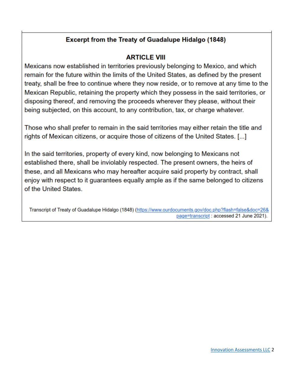 Treaty of Guadalupe Hidalgo (1848) Article VIII excerpt on Mexicans' property and citizenship rights in ceded lands