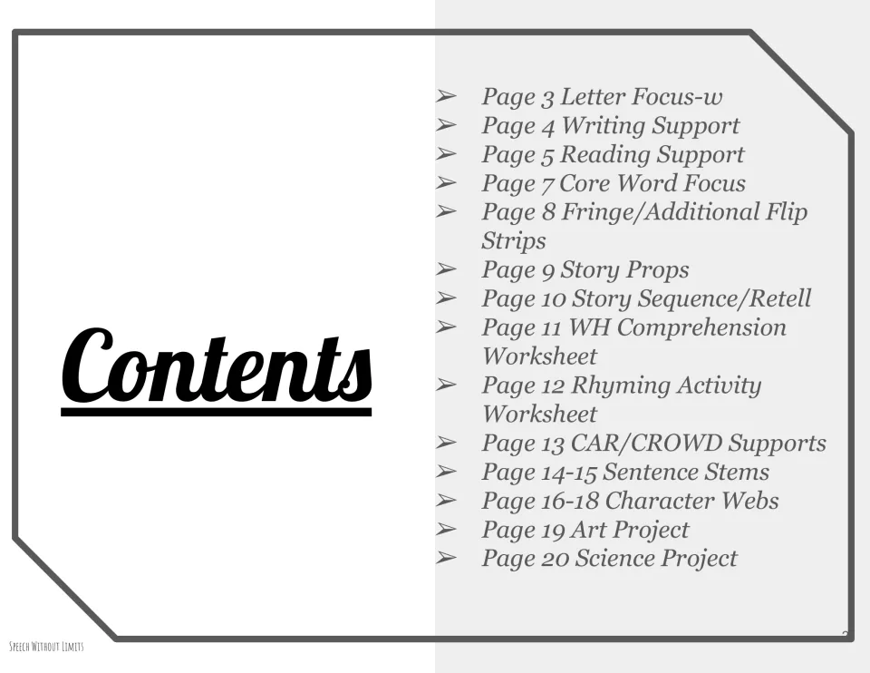 Contents list for pages 3 to 20: letter focus, core words, story props, retell, WH questions, rhyming and a science project