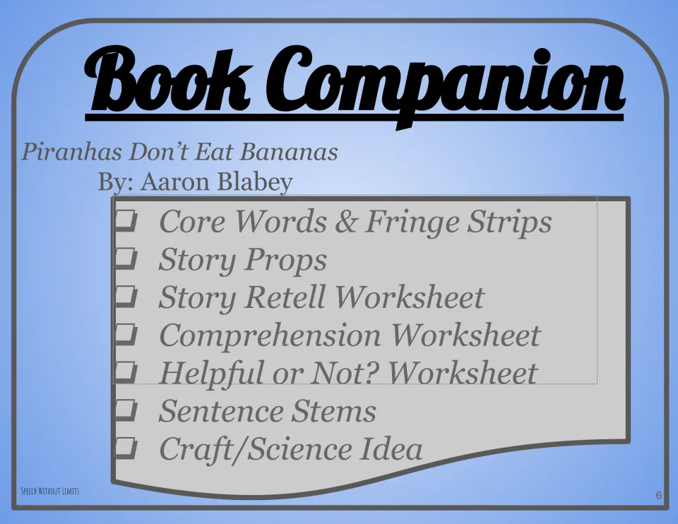 Book companion activity list for the Aaron Blabey story: core words, fringe strips, story props, retell and sentence stems