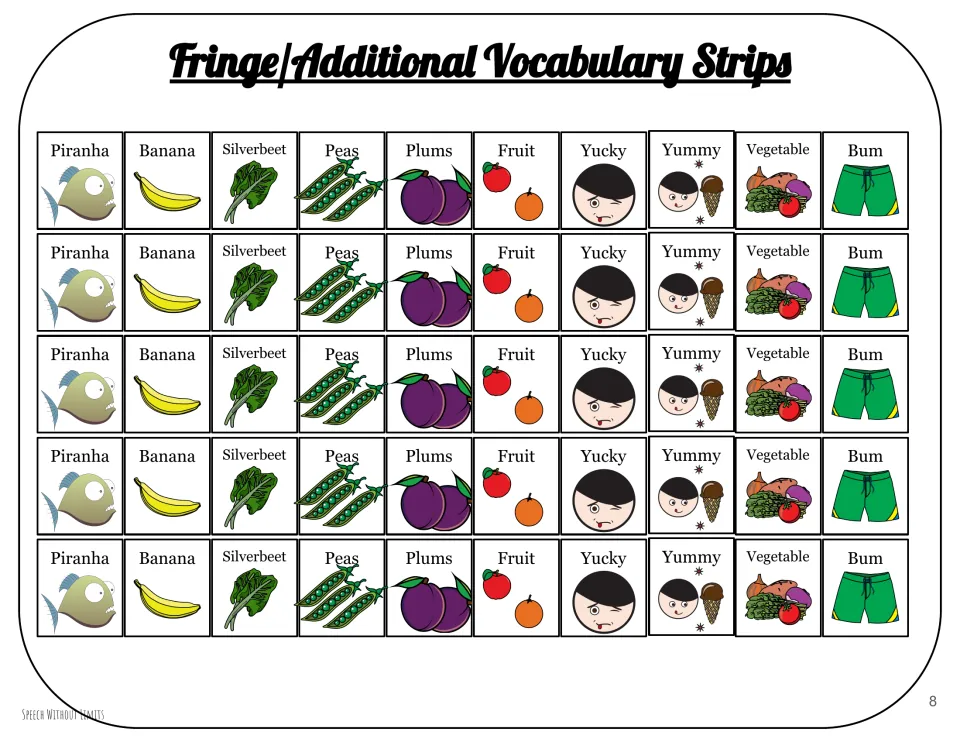 Fringe vocabulary strips with 10 picture words: piranha, banana, silverbeet, peas, plums, fruit, yucky, yummy, vegetable, bum