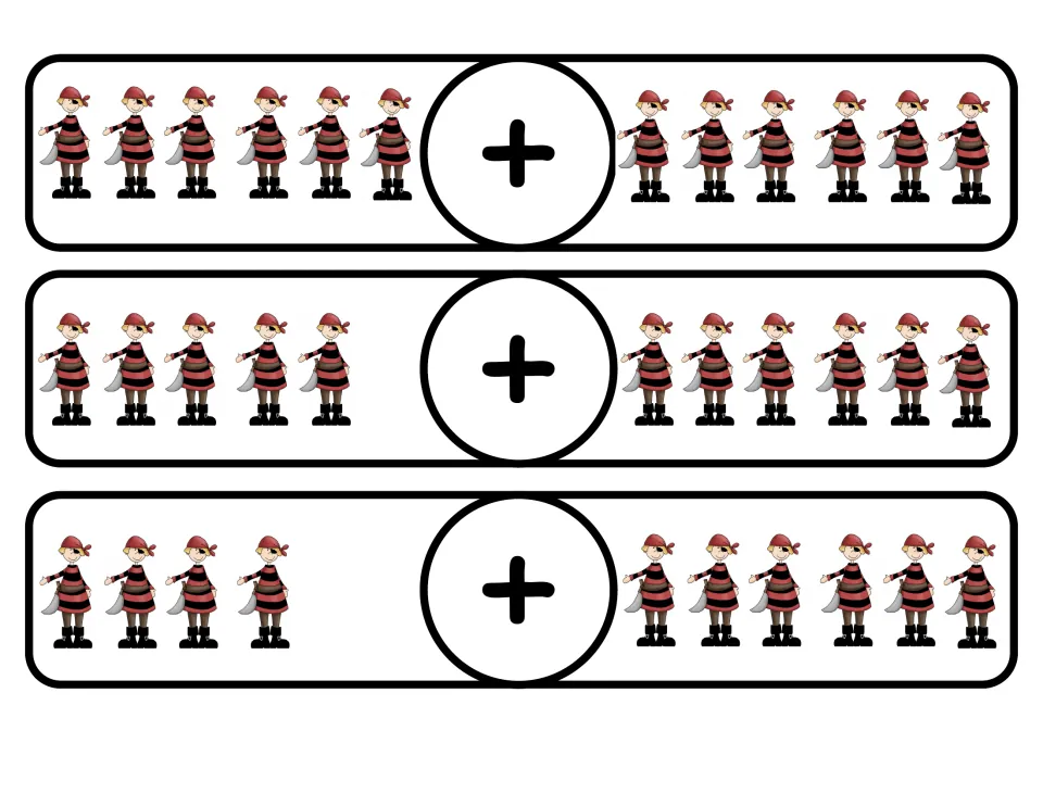 Pirate addition cards: students count two groups of pirates and add them, 6 + 6, 5 + 6 and 4 + 6, for sums 12, 11 and 10