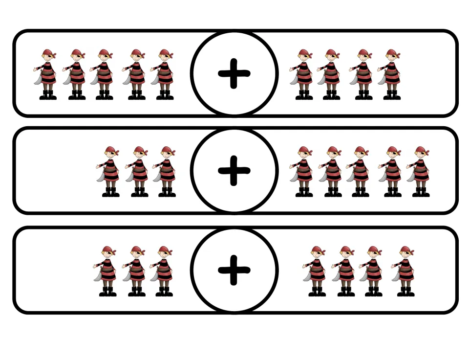 Pirate addition cards showing 5 + 4, 3 + 5 and 3 + 4 pirates; students count both groups to find the totals 9, 8 and 7