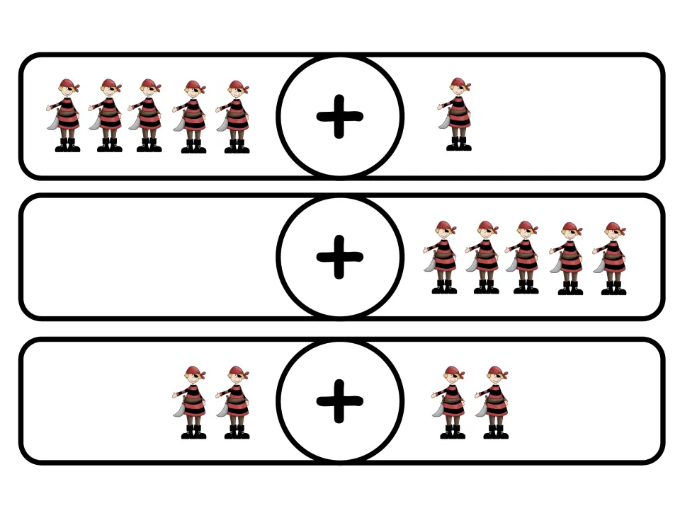 Pirate addition cards showing 5 + 1, 0 + 5 and 2 + 2 pirates, including an empty group to practise adding zero