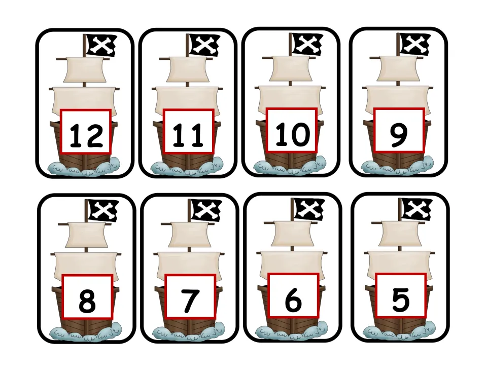 Pirate ship number cards 12 down to 5, each ship flying a crossbones flag, for students to match to the addition sums