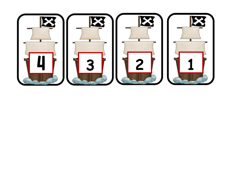 Pirate ship number cards 4, 3, 2 and 1 completing the set of ship sums that students match to the pirate cards