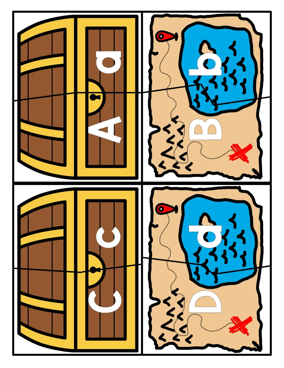 Letter matching A to D: treasure chest and map puzzle cards, each cut in two to join uppercase and lowercase letters