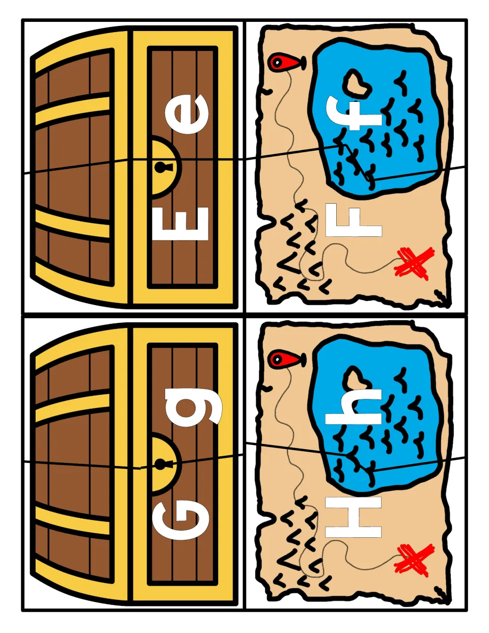 Letters E to H: two-piece pirate cards where students join each uppercase half, like E and G, to its lowercase match