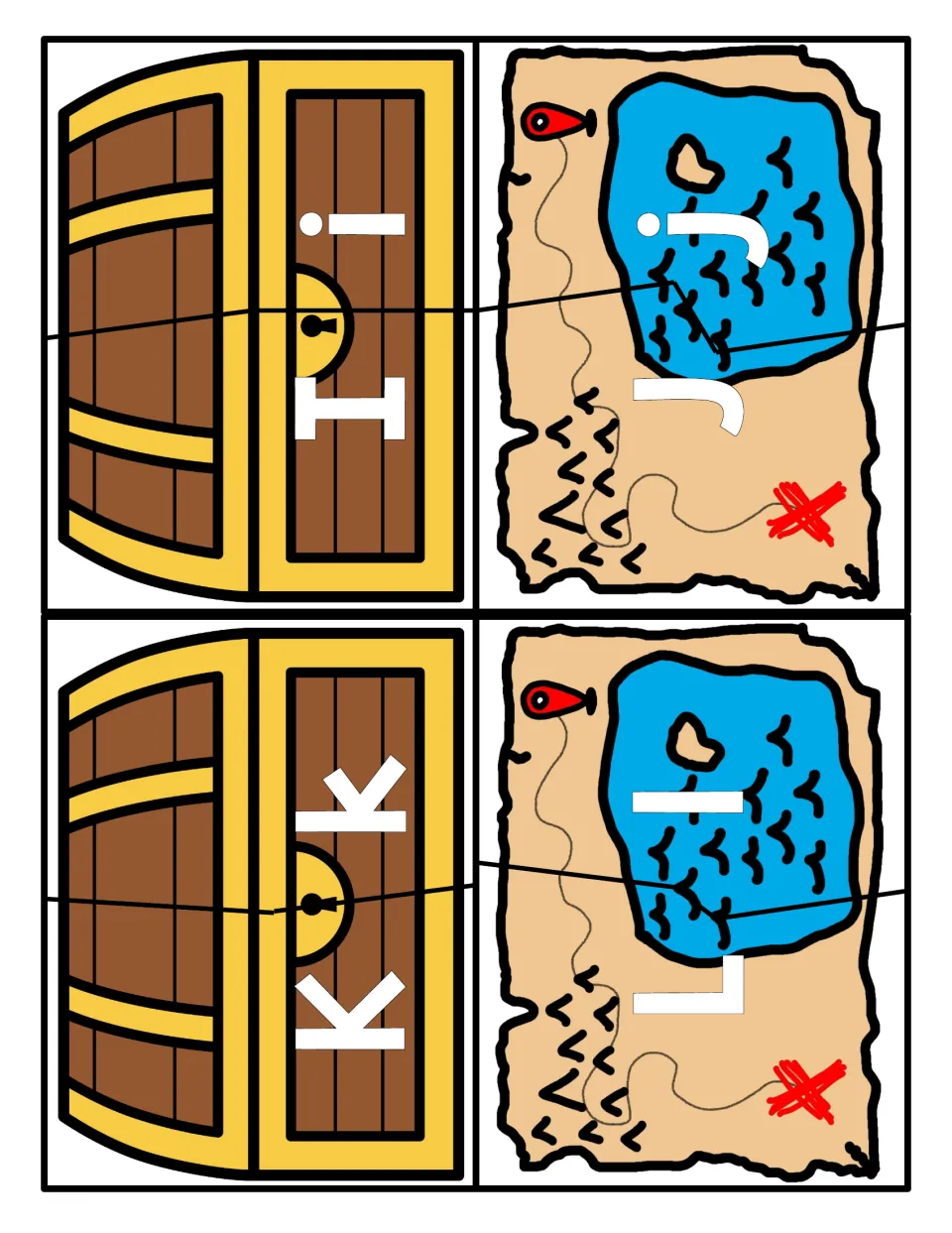 Letters I to L: students fit uppercase and lowercase halves together on chest and treasure map cards for I, J, K and L