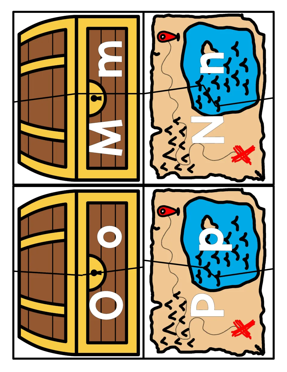 Letters M to P: chest and treasure map puzzles that split into an uppercase and lowercase piece for M, N, O and P