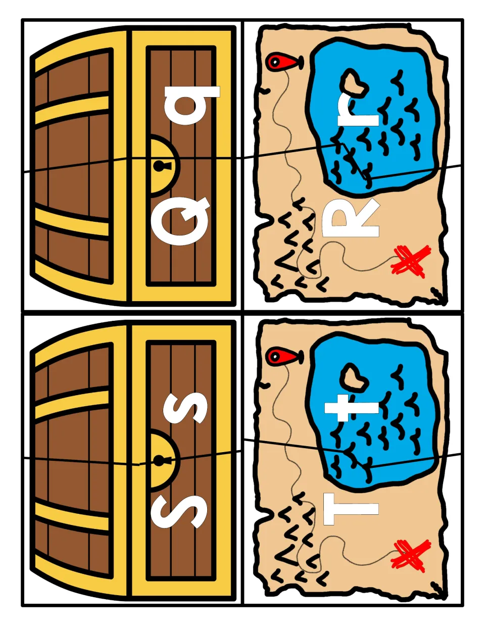 Letters Q to T: students match capital Q, R, S and T halves to lowercase q, r, s and t on pirate chest and map cards