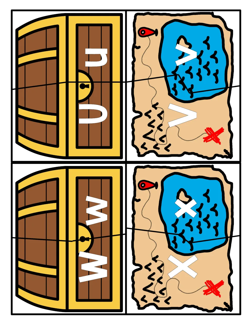 Letters U to X: two-piece chest and treasure map cards pairing uppercase U, V, W and X with their lowercase forms