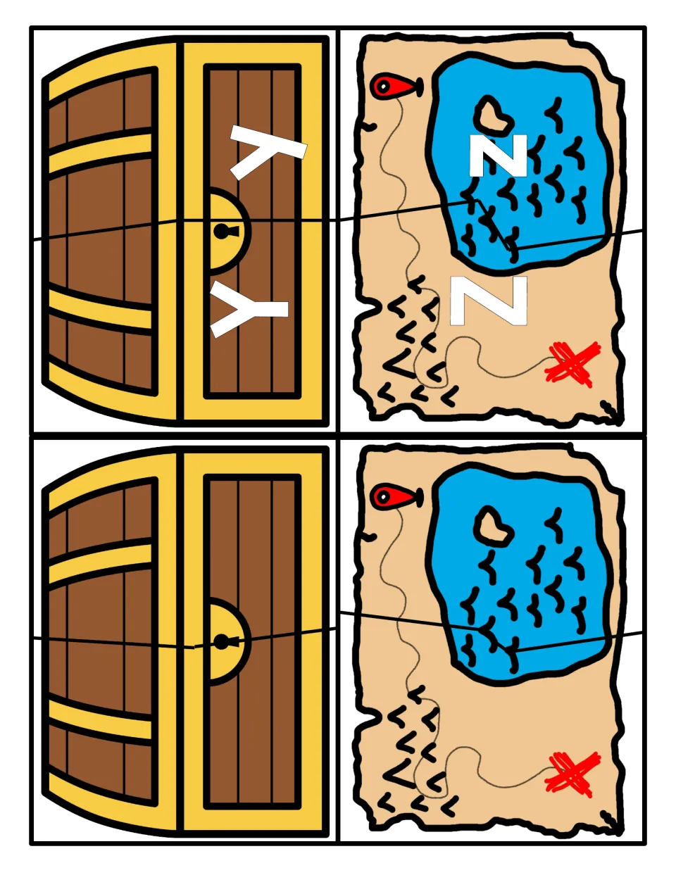 Letters Y and Z on chest and map puzzle cards for matching uppercase to lowercase, plus two blank cards