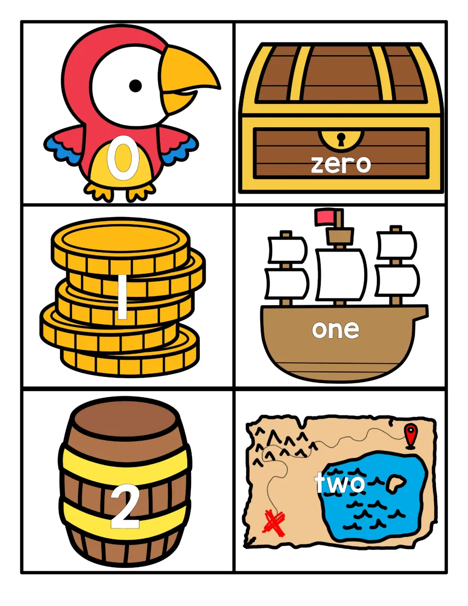 Numbers 0 to 2: numeral cards on a parrot, coins and barrel pair with word cards zero, one, two on chest, ship and map