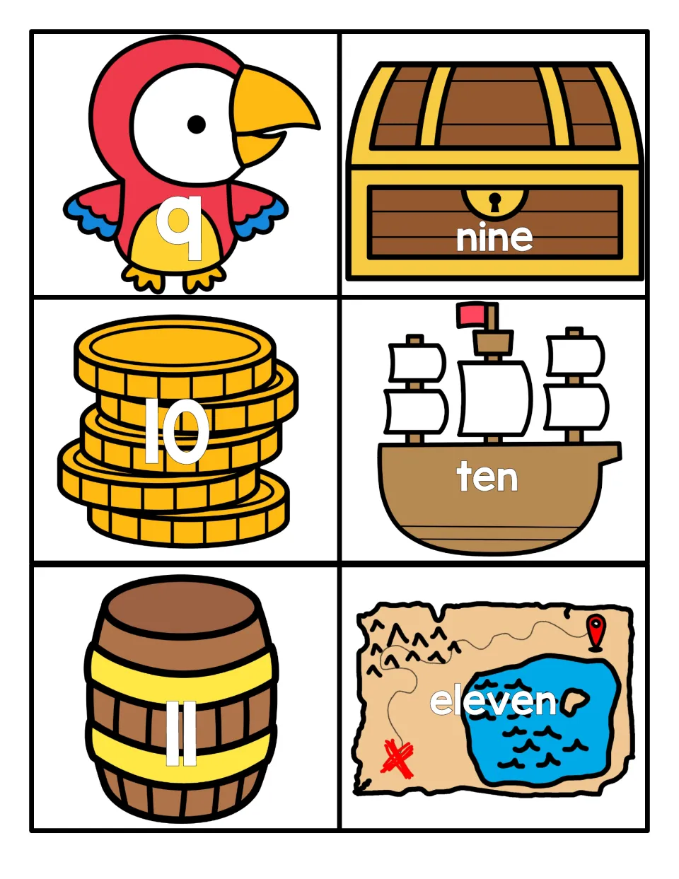 Numbers 9 to 11: numeral cards on a parrot, coins and barrel pair with word cards nine, ten, eleven on chest, ship and map