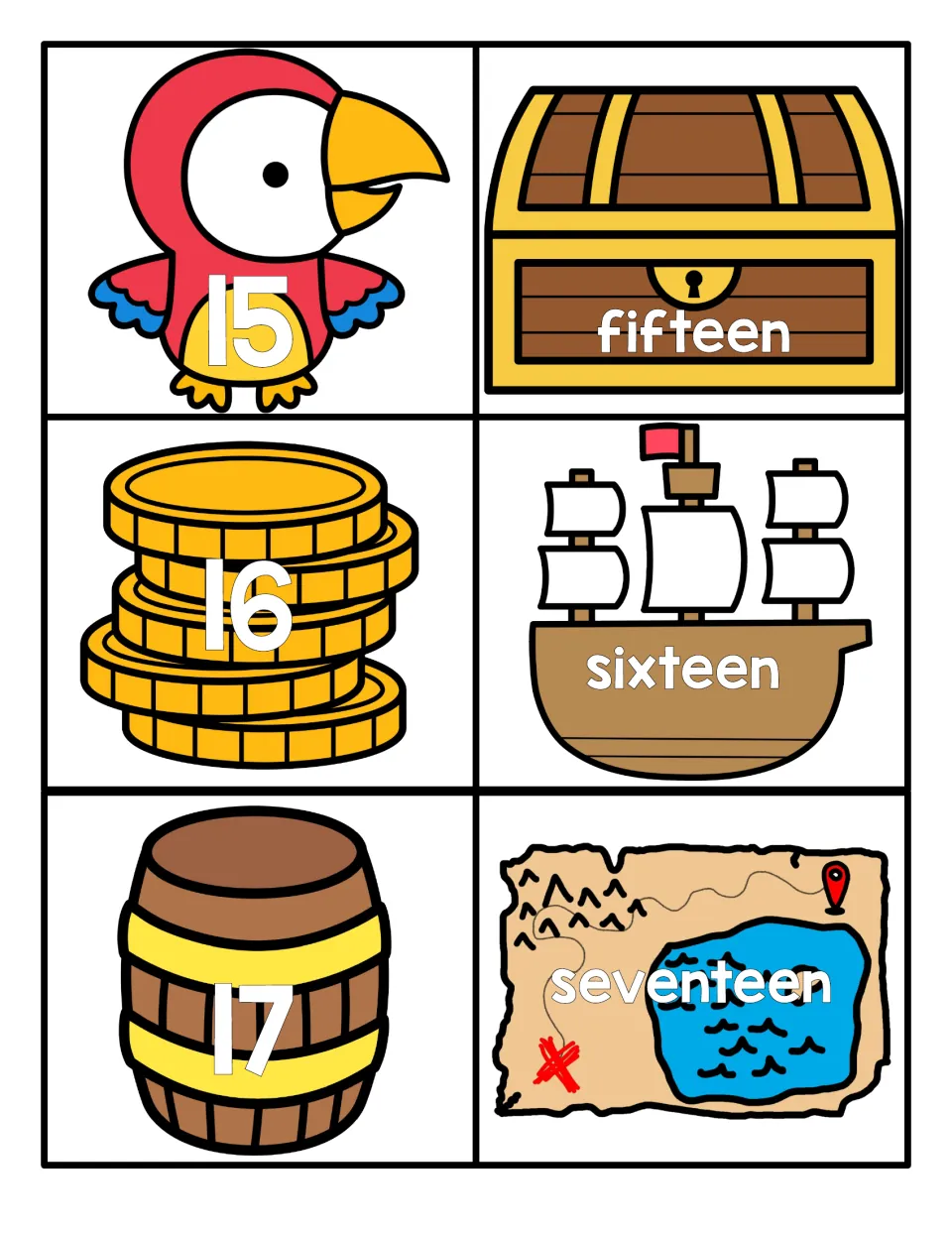 Numbers 15 to 17: numerals on a parrot, coins and barrel match word cards fifteen, sixteen, seventeen on chest, ship and map