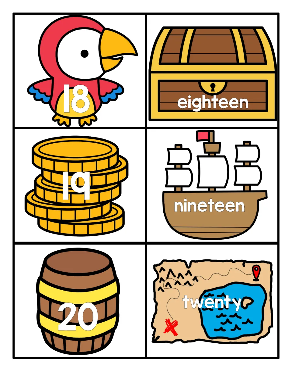 Numbers 18 to 20: numerals on a parrot, coins and barrel match word cards eighteen, nineteen, twenty on chest, ship and map
