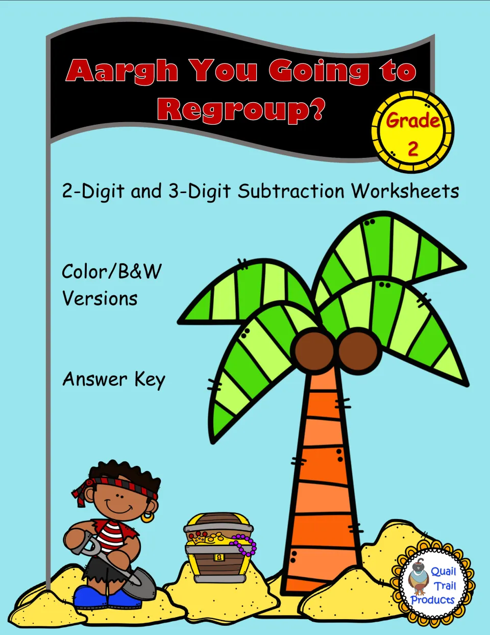 Cover for Grade 2 subtraction worksheets featuring two- and three-digit numbers, color/B&W versions and an answer key