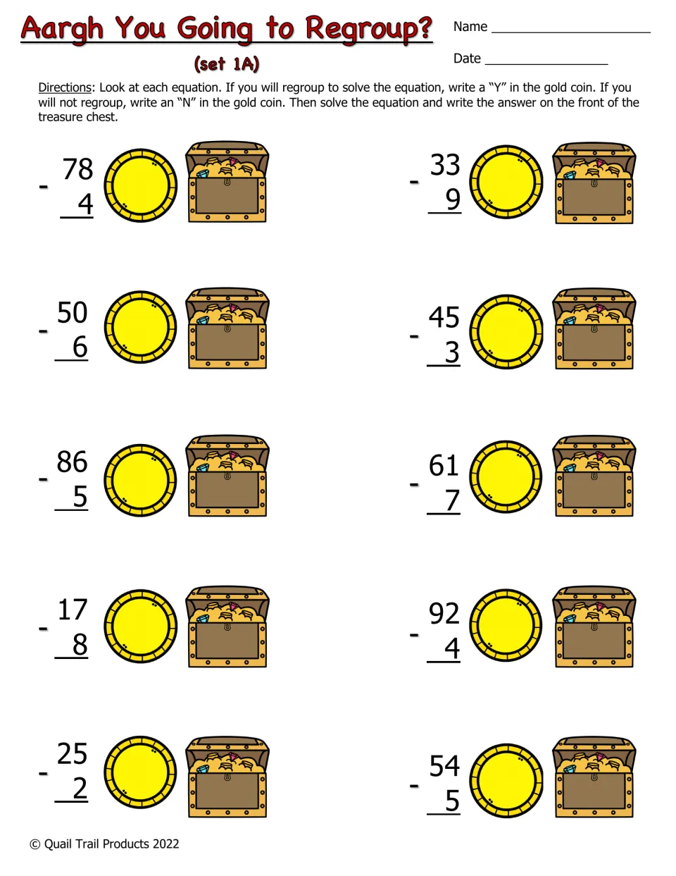 Color subtraction set 1A: 10 problems including 78 − 4 and 33 − 9; mark Y or N for regrouping, then solve
