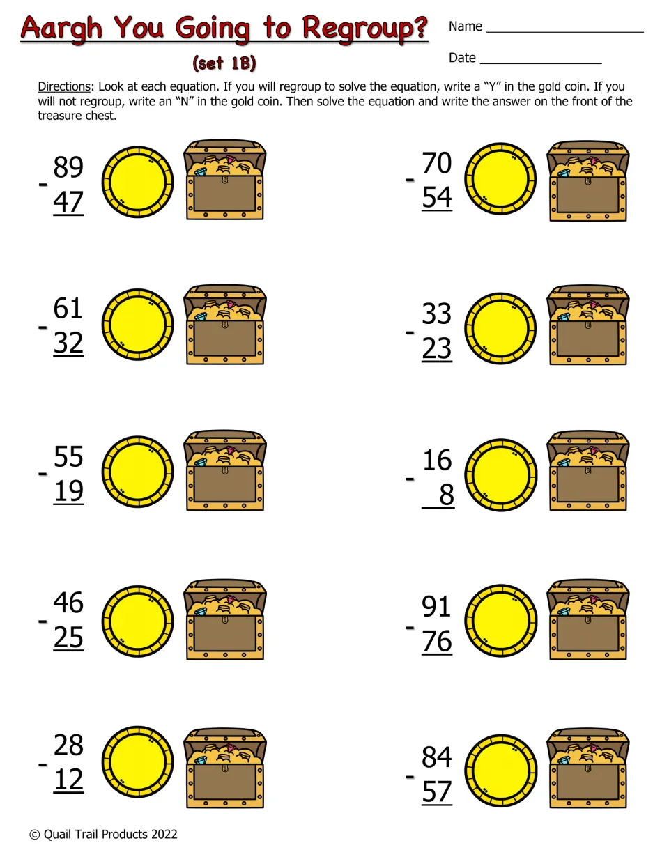 Color subtraction set 1B: 10 problems including 89 − 47 and 70 − 54; mark Y or N for regrouping, then solve