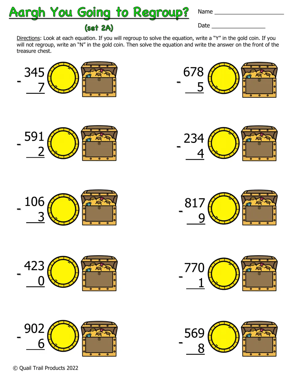 Color subtraction set 2A: 10 problems including 345 − 7 and 678 − 5; mark Y or N for regrouping, then solve