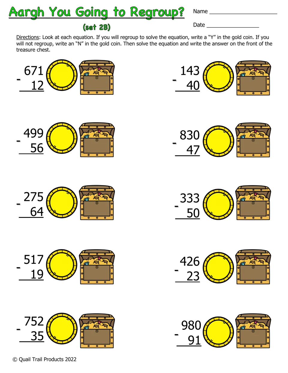 Color subtraction set 2B: 10 problems including 671 − 12 and 143 − 40; mark Y or N for regrouping, then solve