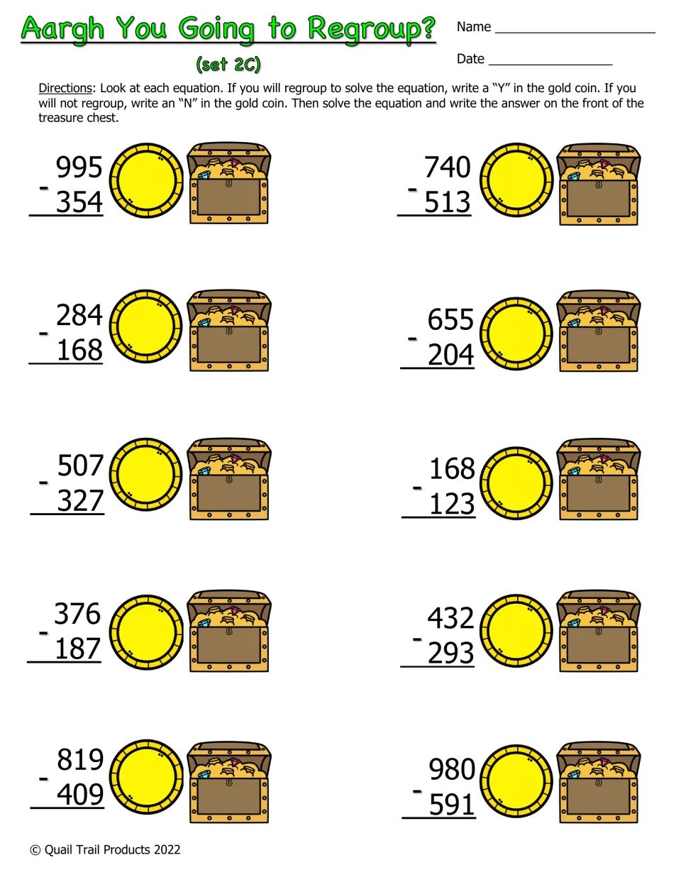 Color subtraction set 2C: 10 problems including 995 − 354 and 740 − 513; mark Y or N for regrouping, then solve