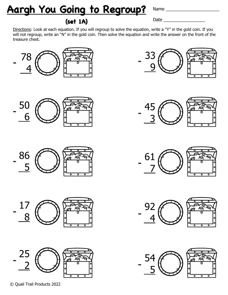 Black-and-white set 1A repeats 10 subtraction problems, including 78 − 4 and 33 − 9, with Y/N regrouping choices