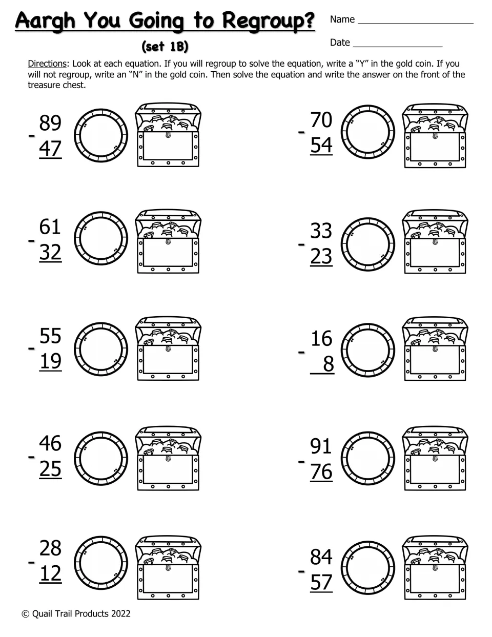 Black-and-white set 1B repeats 10 subtraction problems, including 89 − 47 and 70 − 54, with Y/N regrouping choices