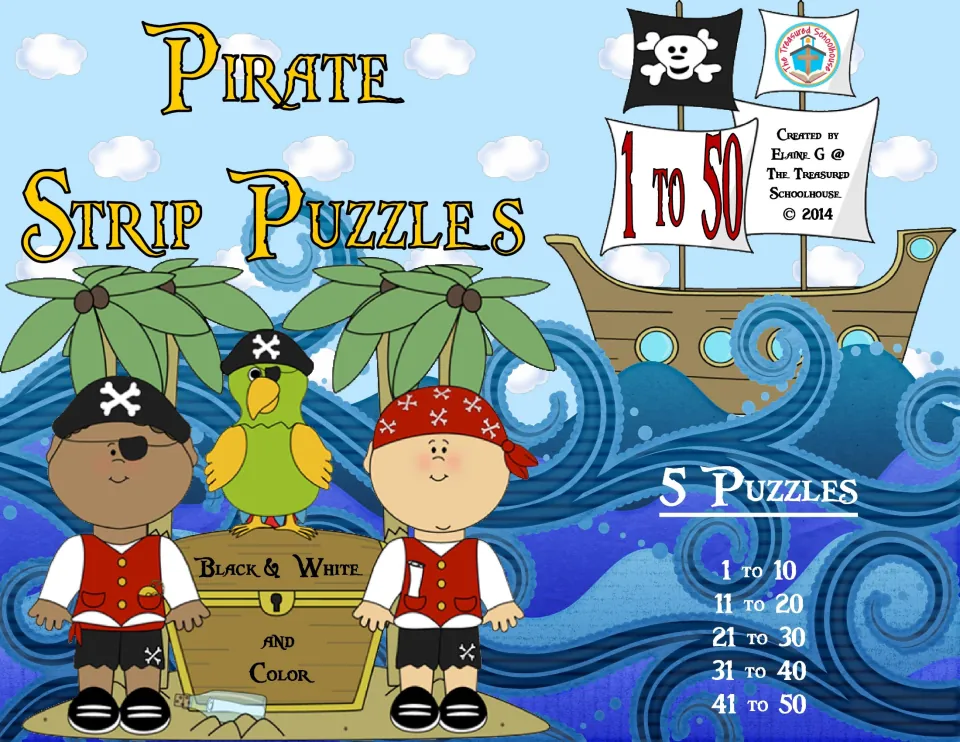 Cover of Pirate Strip Math Puzzles, listing five puzzles from 1–50 in color and black and white