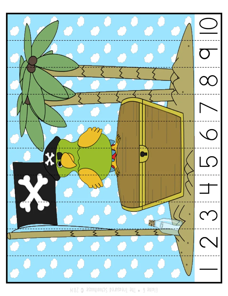 Color number-sequencing strip puzzle for 1–10 showing a pirate parrot on a treasure chest beside palm trees