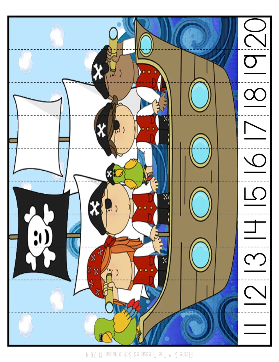 Color number-sequencing strip puzzle for 11–20 showing four pirates and two parrots aboard a pirate ship