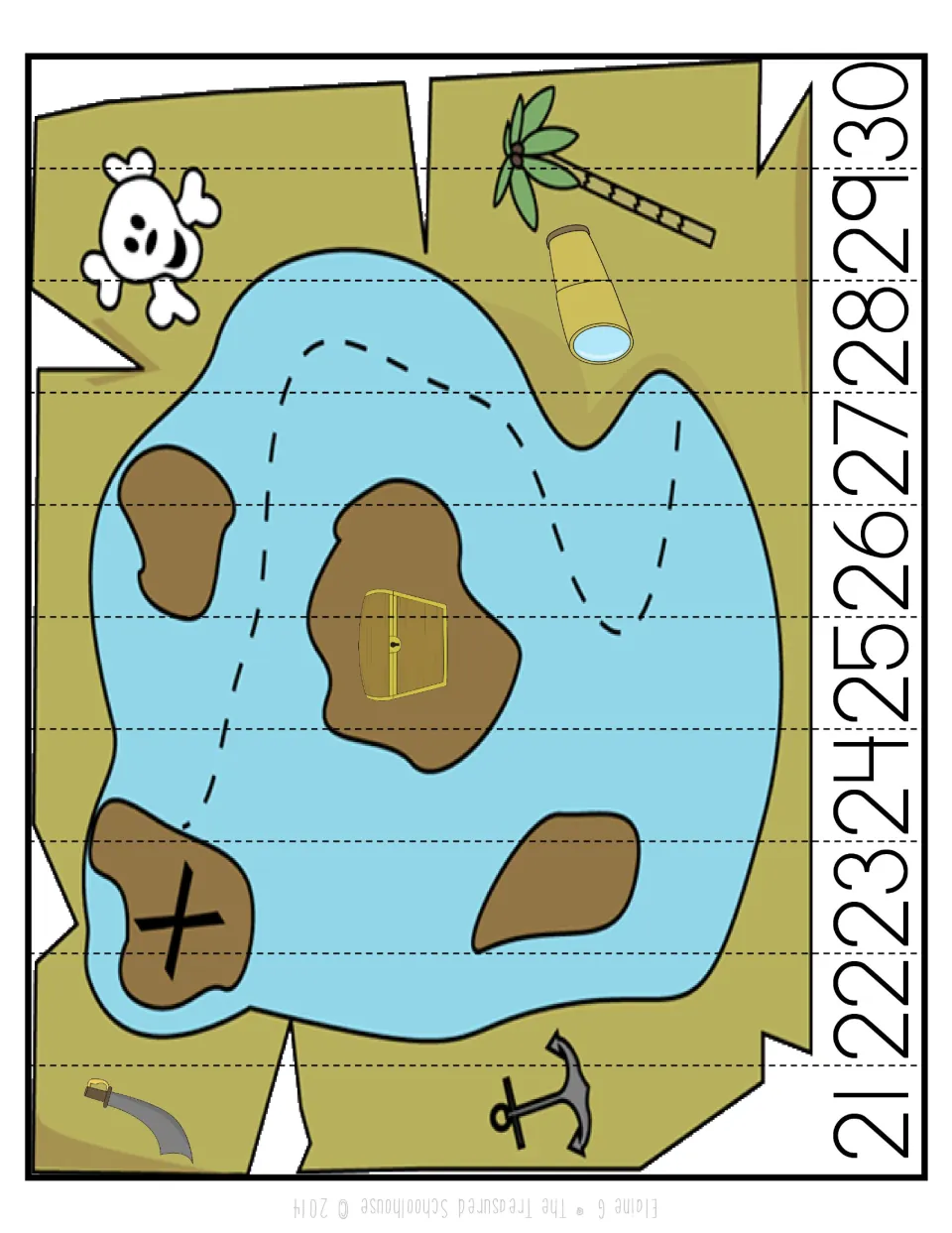 Color number-sequencing strip puzzle for 21–30 showing a treasure map with islands, a chest, and an X
