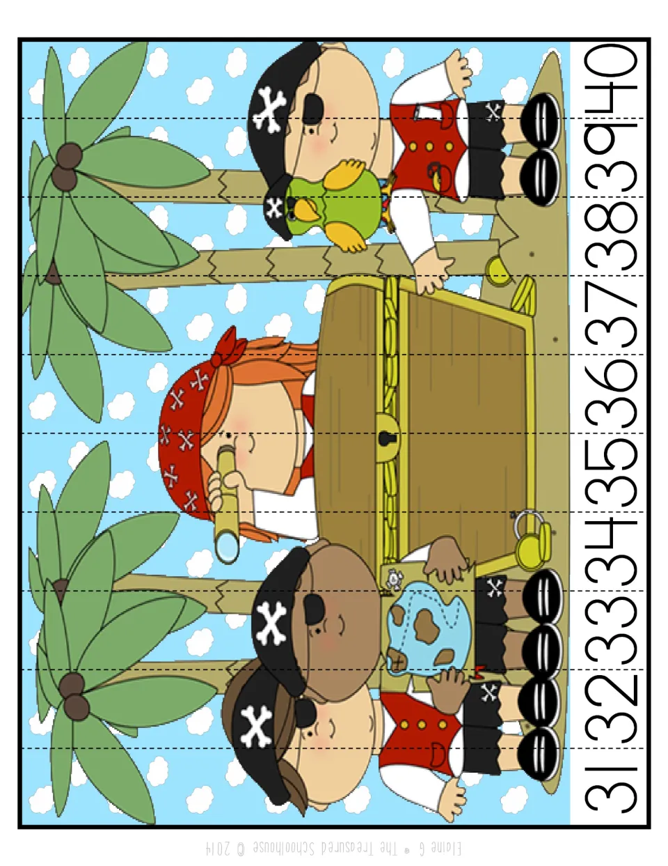 Color number-sequencing strip puzzle for 31–40 showing four pirates and a parrot around a treasure chest