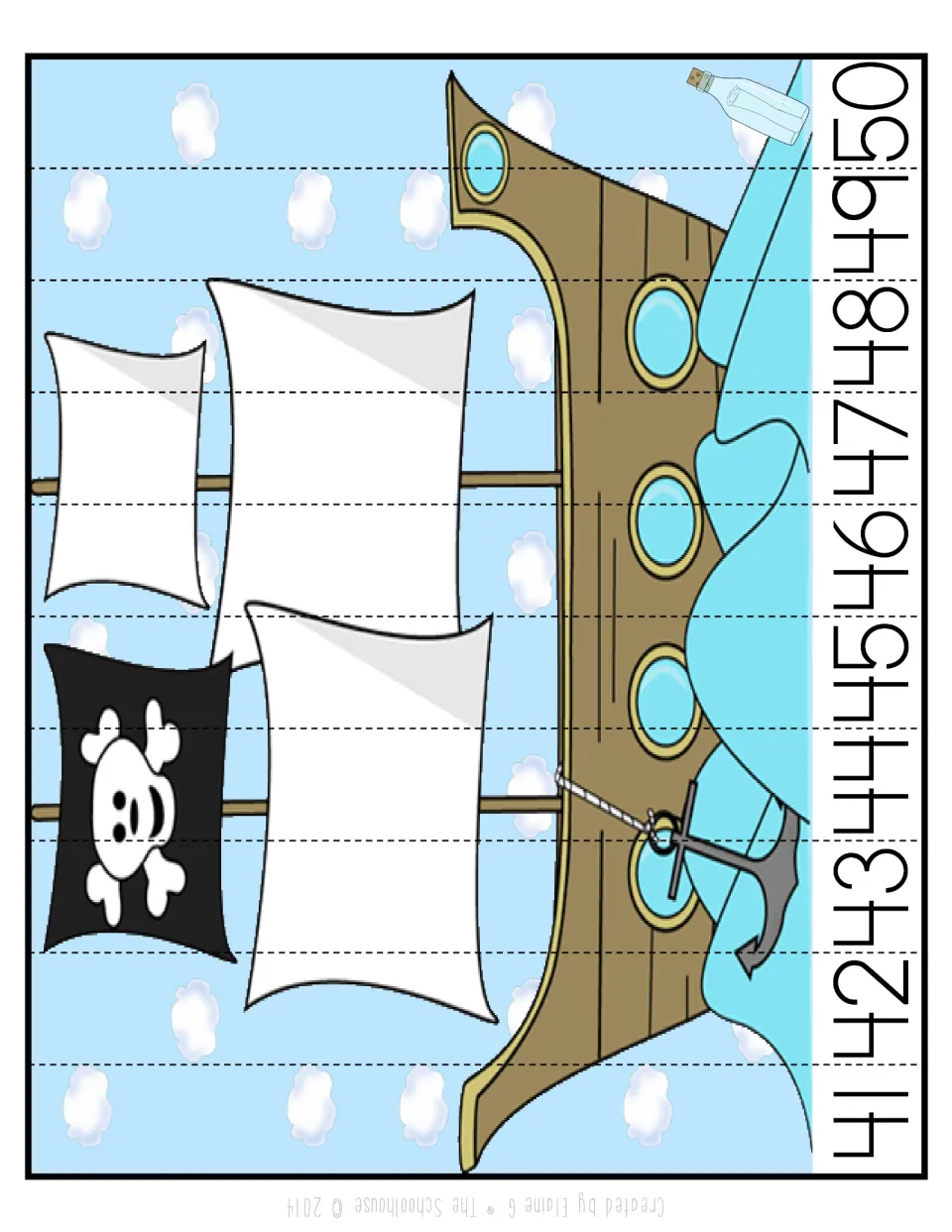 Color number-sequencing strip puzzle for 41–50 showing a pirate ship with white sails and an anchor at sea