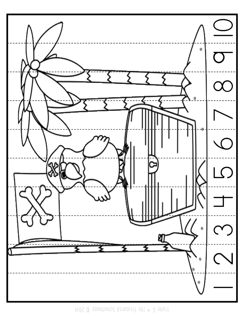 Black-and-white number-sequencing strip puzzle for 1–10 showing a pirate parrot perched on a treasure chest