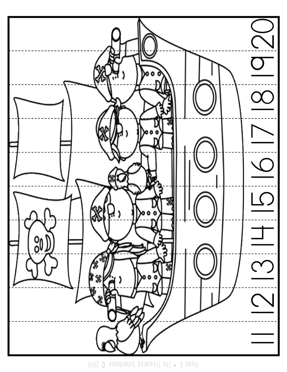 Black-and-white number-sequencing strip puzzle for 11–20 showing four pirates and two parrots on a ship