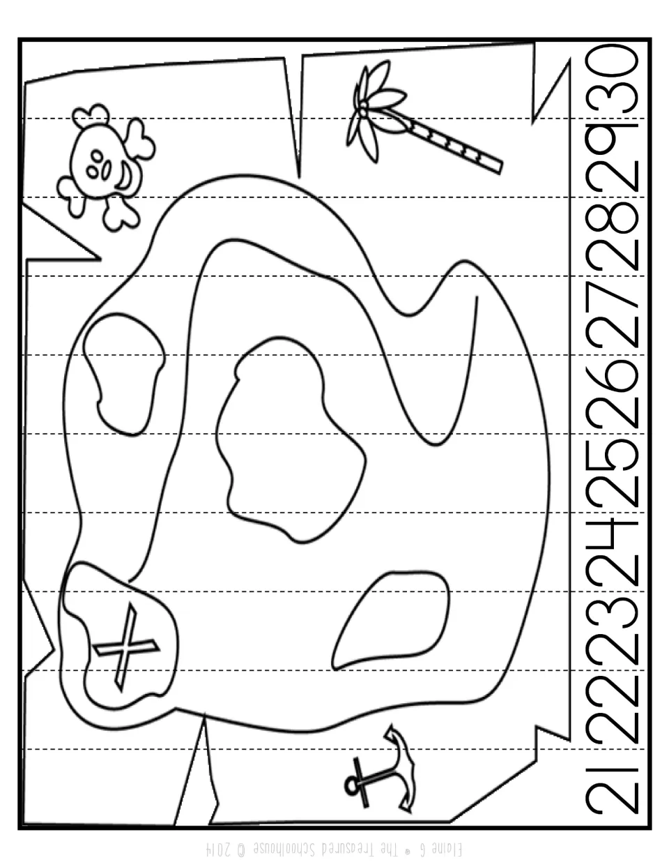 Black-and-white number-sequencing strip puzzle for 21–30 showing a treasure map with islands and an X