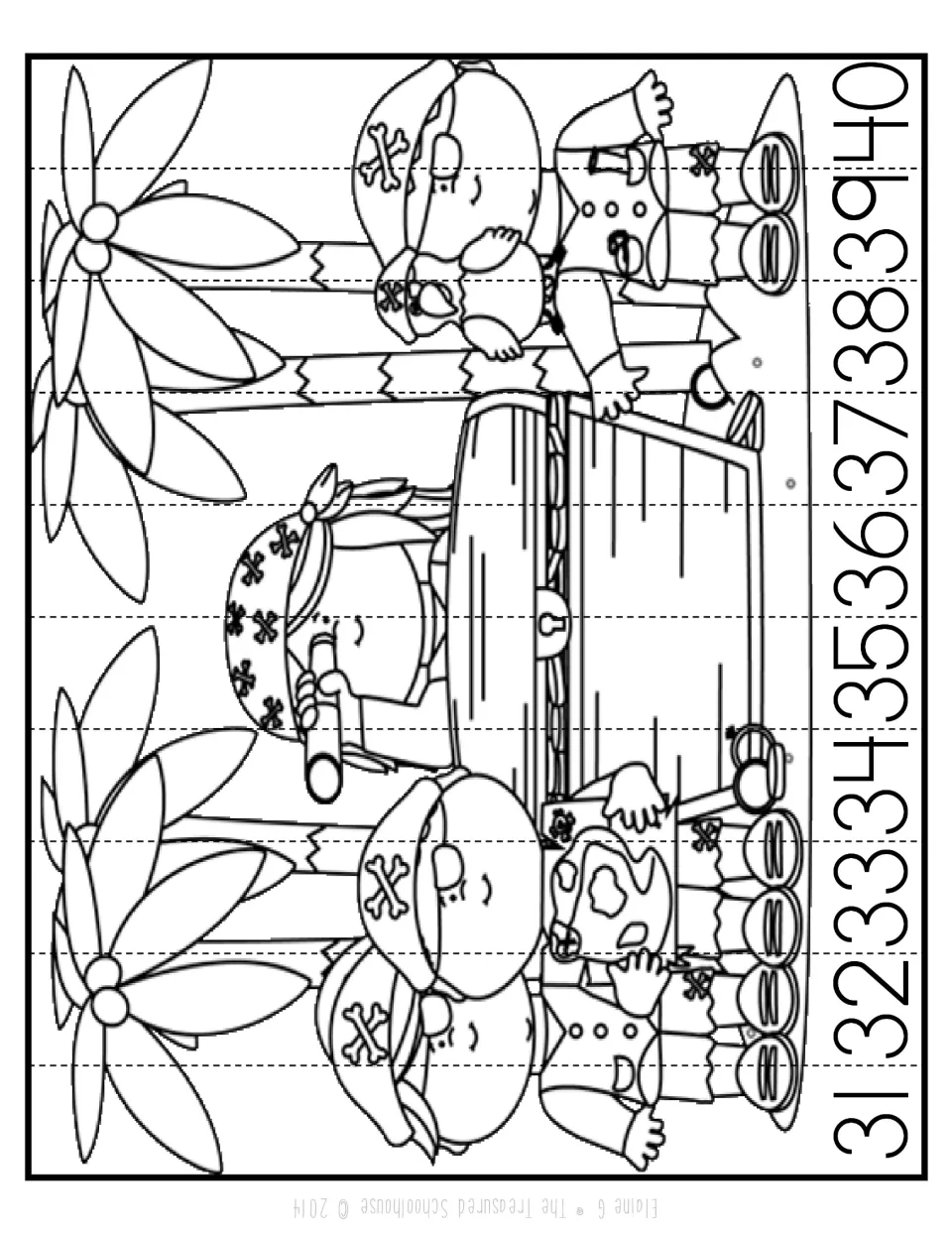 Black-and-white number-sequencing strip puzzle for 31–40 showing four pirates around a treasure chest
