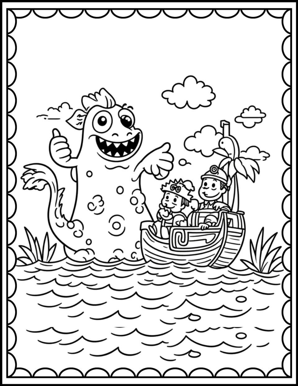 Sea monster coloring scene: students color a grinning spotted monster giving a thumbs-up beside two pirates in a rowboat
