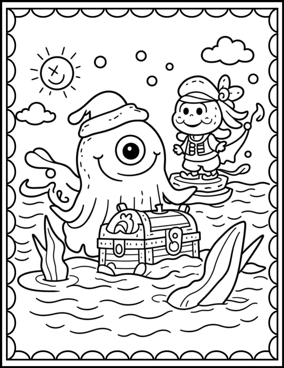 Octopus treasure coloring scene: students color a one-eyed octopus in a pirate hat, a treasure chest and a girl pirate