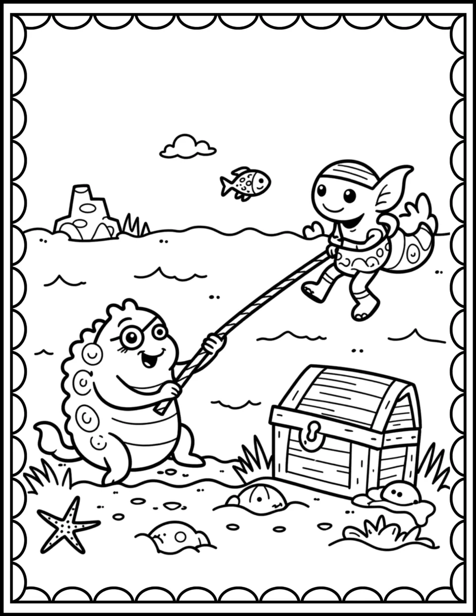 Beach tug-of-war coloring scene: a monster and a bandana-wearing creature pull a rope near a closed treasure chest