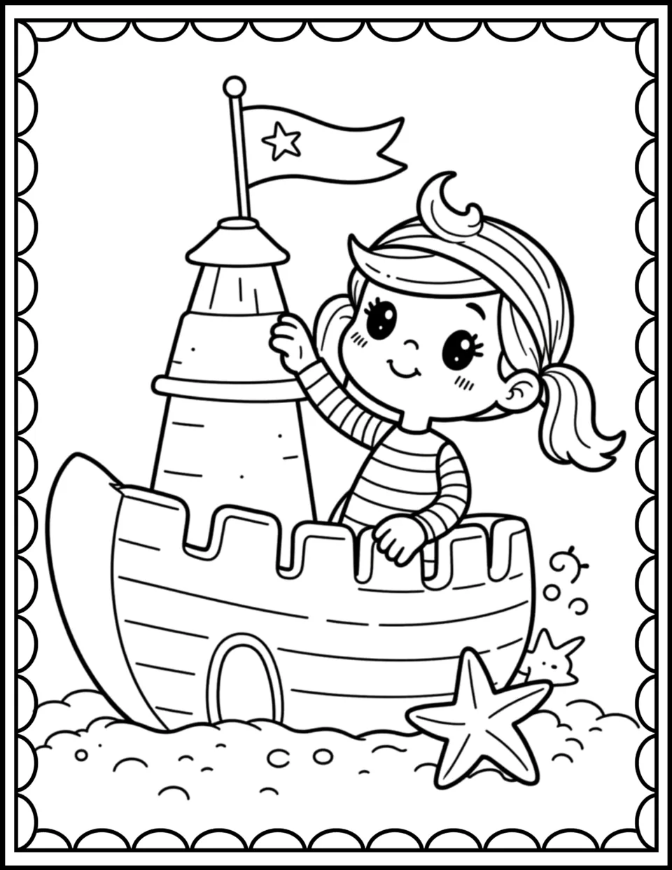 Sandcastle ship coloring scene: students color a girl in a striped shirt inside a ship-shaped castle with a star flag