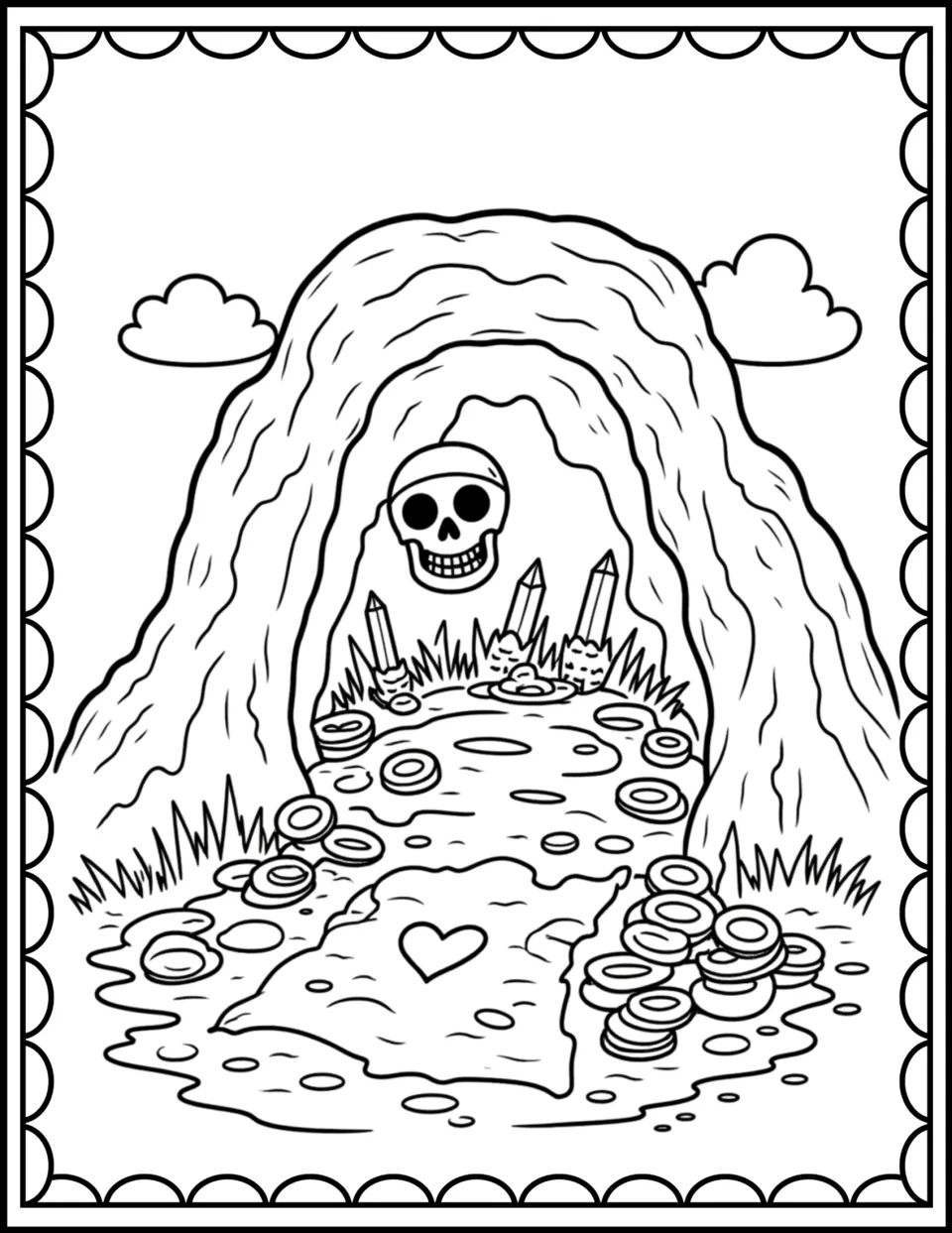 Treasure cave coloring scene: students color a rocky cave holding a skull, crystals, coins and a heart-marked map