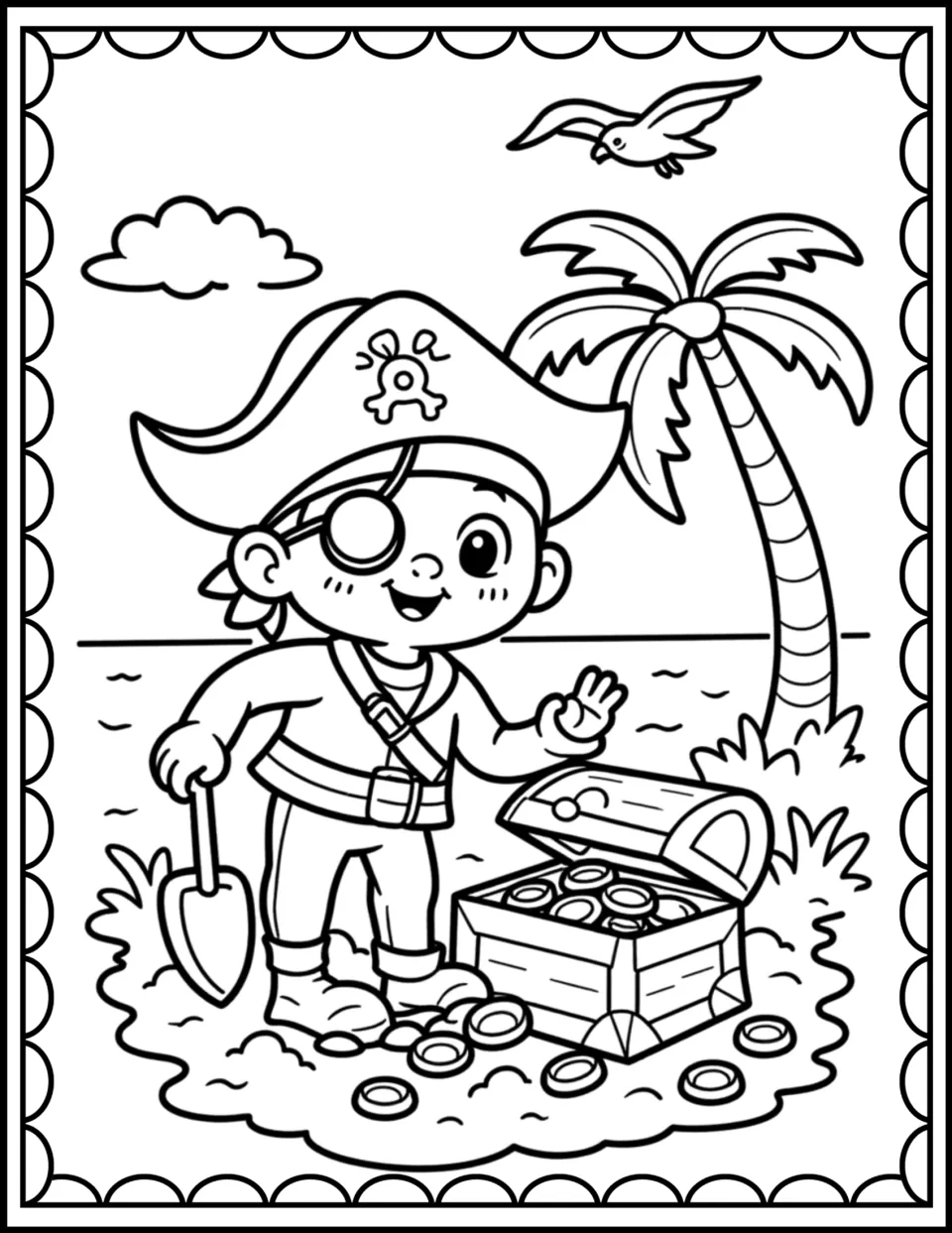 Island pirate coloring scene: a boy in a tricorn hat and eye patch holds a shovel beside an open chest of coins