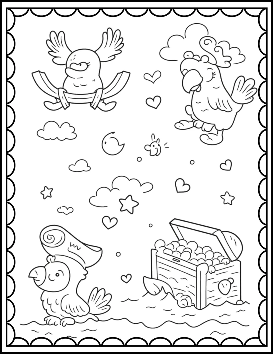Parrot pirates coloring sheet: students color three parrots, an overflowing treasure chest, stars, hearts and clouds
